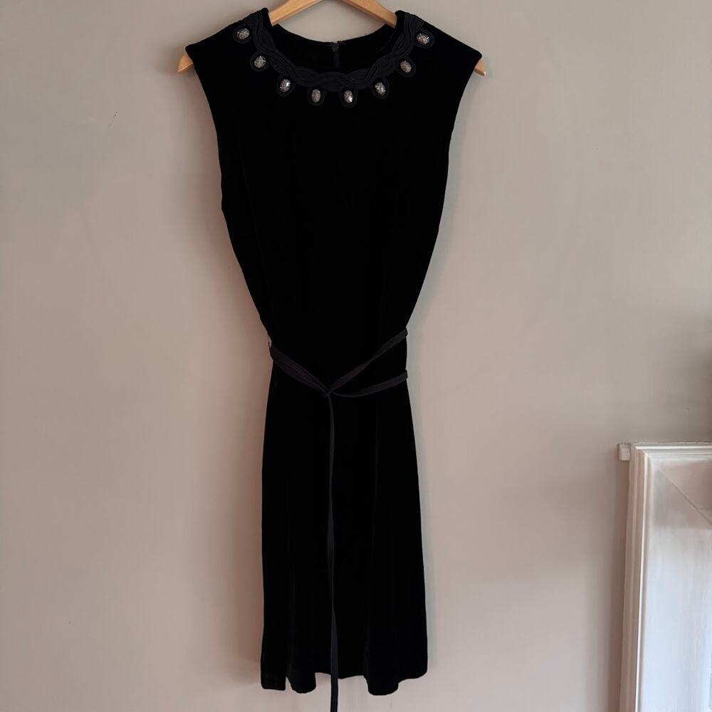 Tory Burch Black Velvet Embellished Neckline Short Sleeve Dress Size 10 - Picture 2 of 8